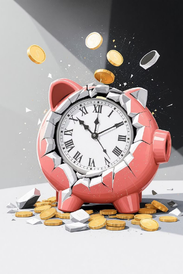 A clock breaking through a piggy bank, representing the fast track to Bold, Bankable Growth