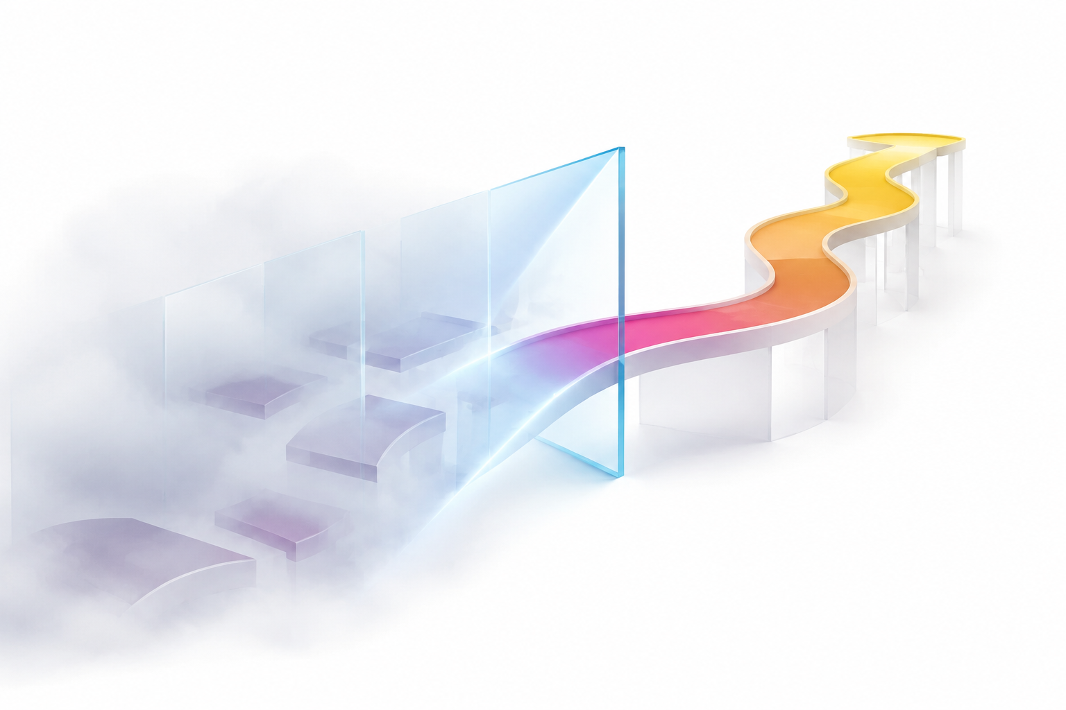 A fragmented pathway emerging from fog and becoming a clear continuous route