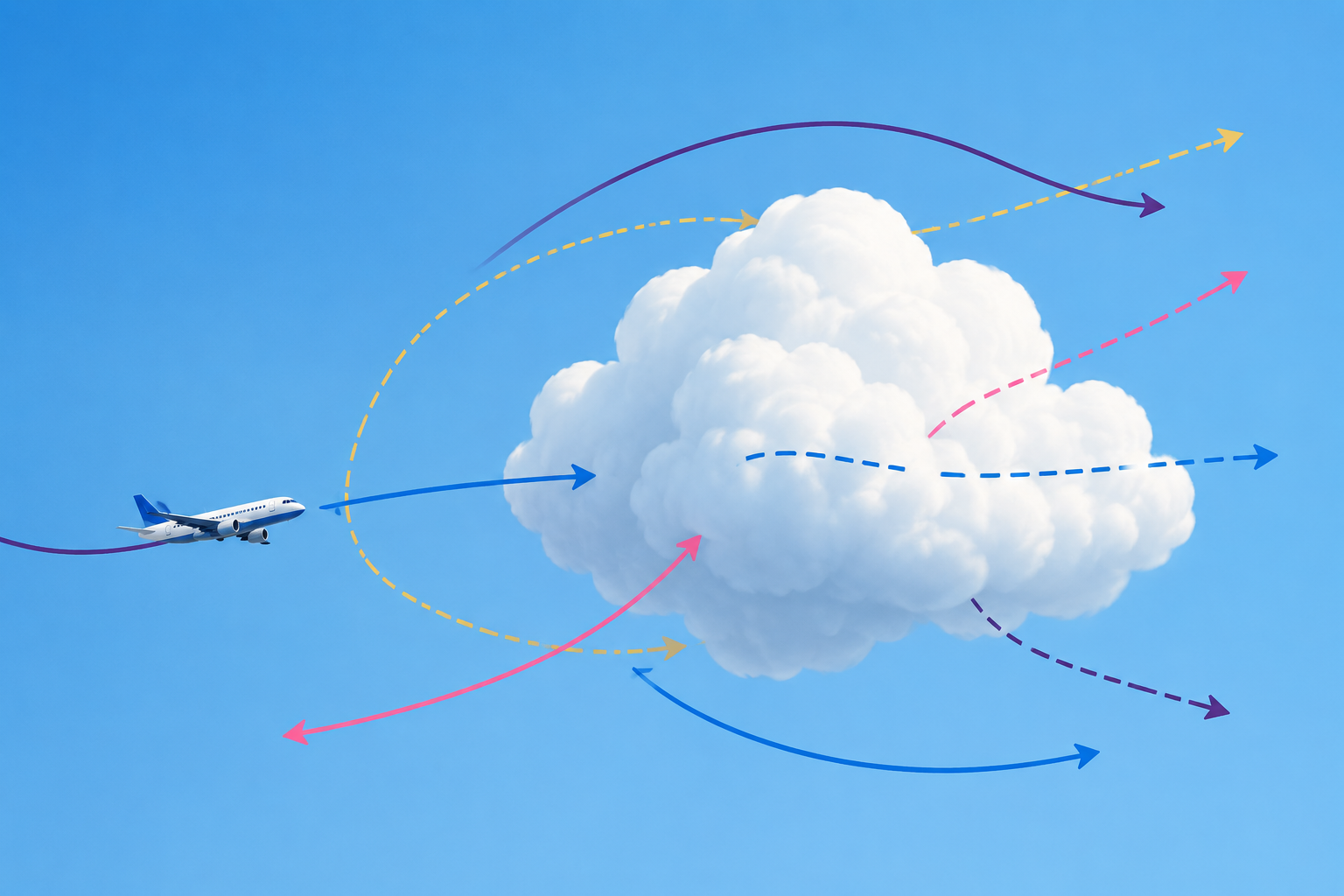A plane and cloud surrounded by directional arrows representing strategic prepositions